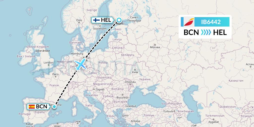 IB6442 Iberia Flight Map: Barcelona to Helsinki