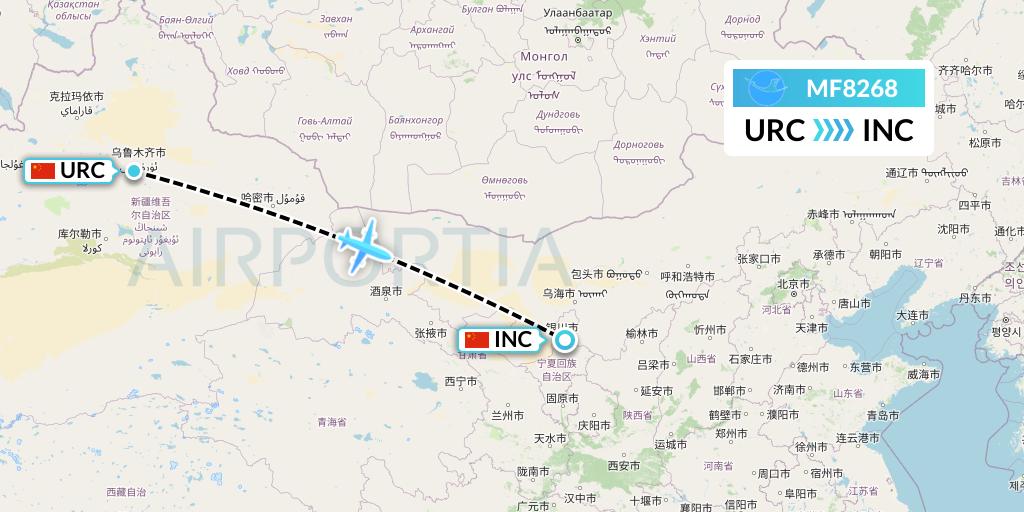 MF8268 Xiamen Airlines Flight Map: Urumqi to Yinchuan