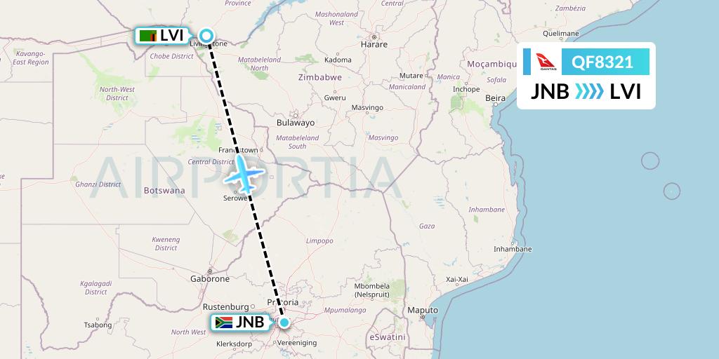 QF8321 Qantas Flight Map: Johannesburg to Livingstone