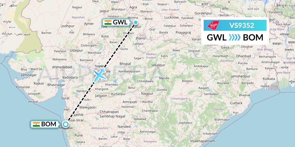 VS9352 Virgin Atlantic Airways Flight Map: Gwalior to Mumbai