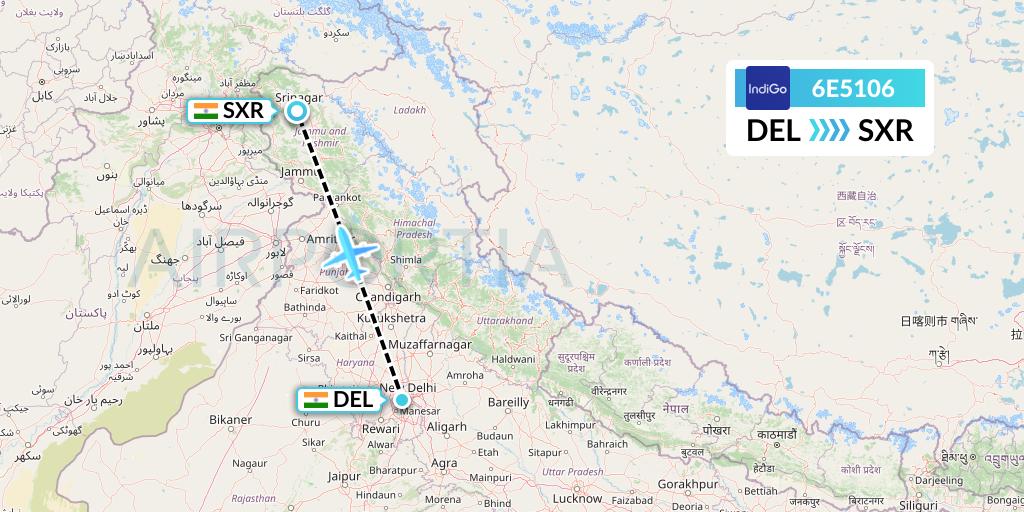 6E5106 IndiGo Airlines Flight Map: Delhi to Srinagar