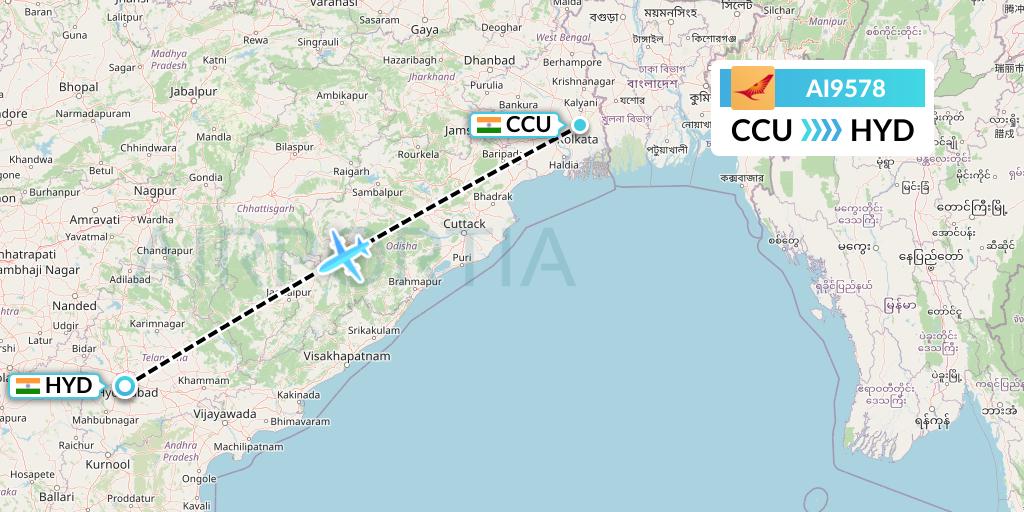 AI9578 Air India Flight Map: Kolkata to Hyderabad