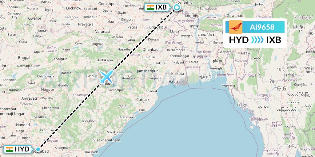AI9658 Air India Flight Map: Hyderabad to Siliguri