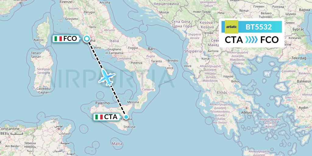 BT5532 Air Baltic Flight Map: Catania to Rome