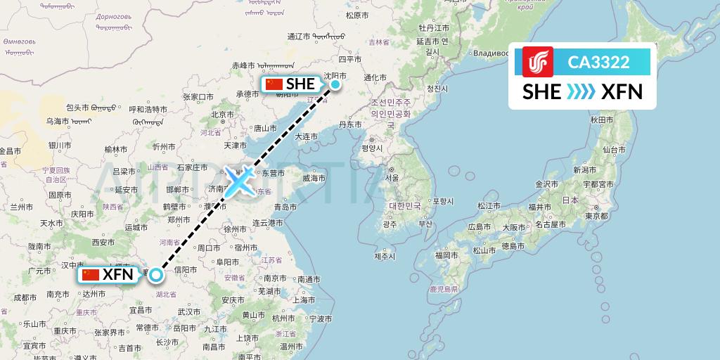 CA3322 Air China Flight Map: Shenyang to Xiangyang