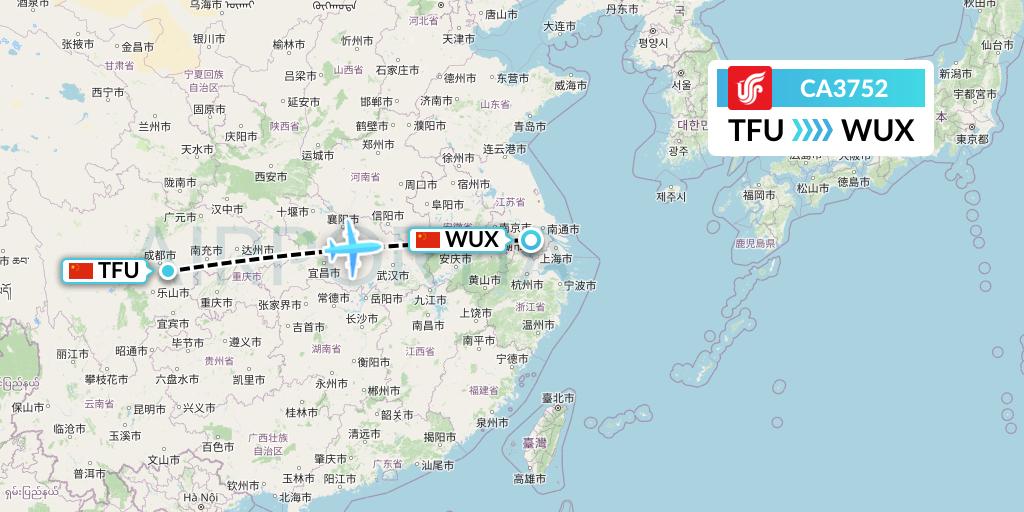 CA3752 Air China Flight Map: Chengdu to Wuxi