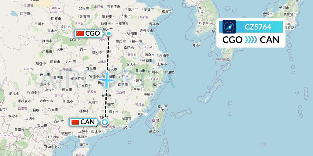 CZ5764 China Southern Airlines Flight Map: Zhengzhou to Guangzhou