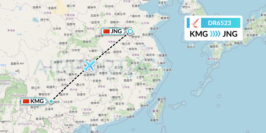 DR6523 Ruili Airlines Flight Map: Kunming to Jining