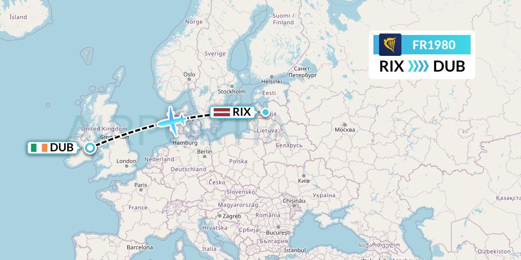 FR1980 Ryanair Flight Map: Riga to Dublin