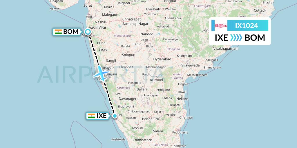 IX1024 Air India Express Flight Map: Mangalore to Mumbai