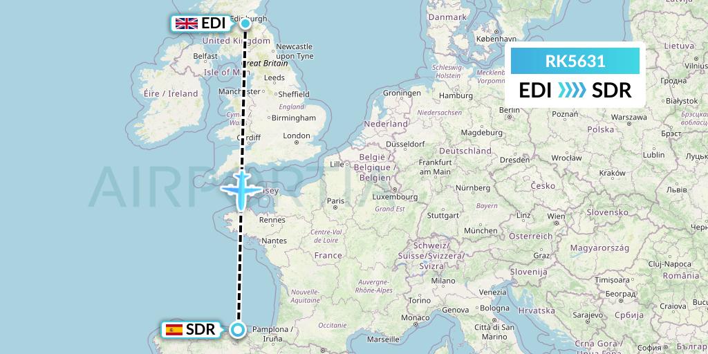 RK5631 Ryanair UK Flight Map: Edinburgh to Santander
