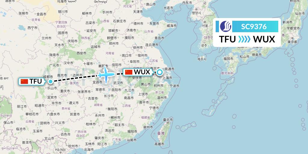 SC9376 Shandong Airlines Flight Map: Chengdu to Wuxi