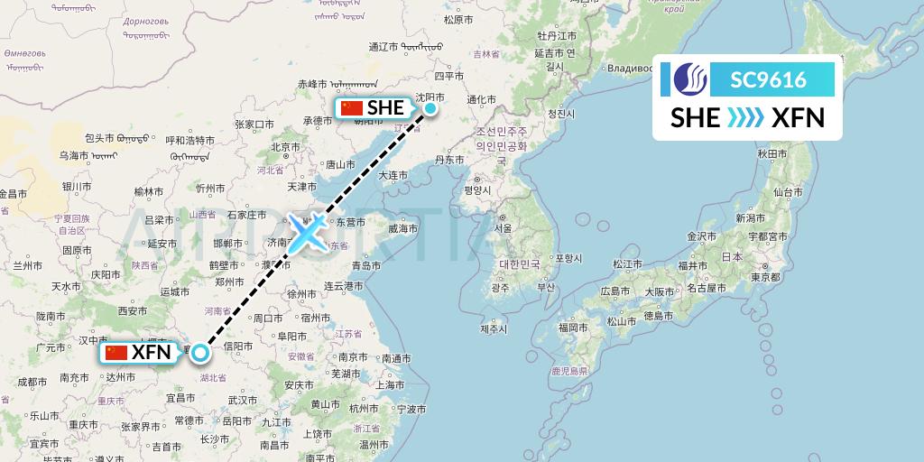SC9616 Shandong Airlines Flight Map: Shenyang to Xiangyang