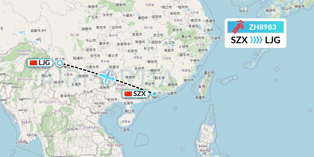 ZH8983 Shenzhen Airlines Flight Map: Shenzhen to Lijiang