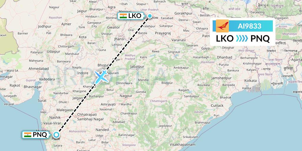 AI9833 Air India Flight Map: Lucknow to Pune