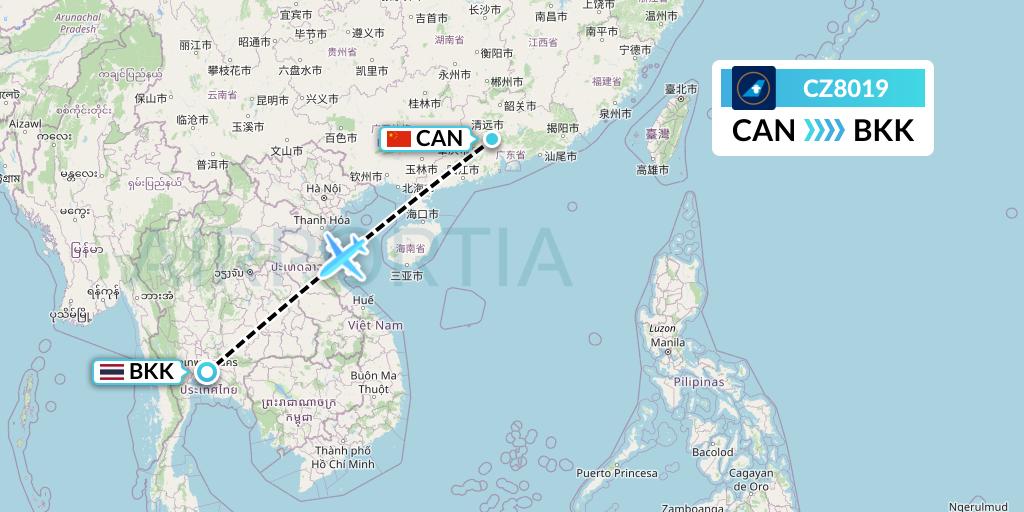 CZ8019 China Southern Airlines Flight Map: Guangzhou to Bangkok