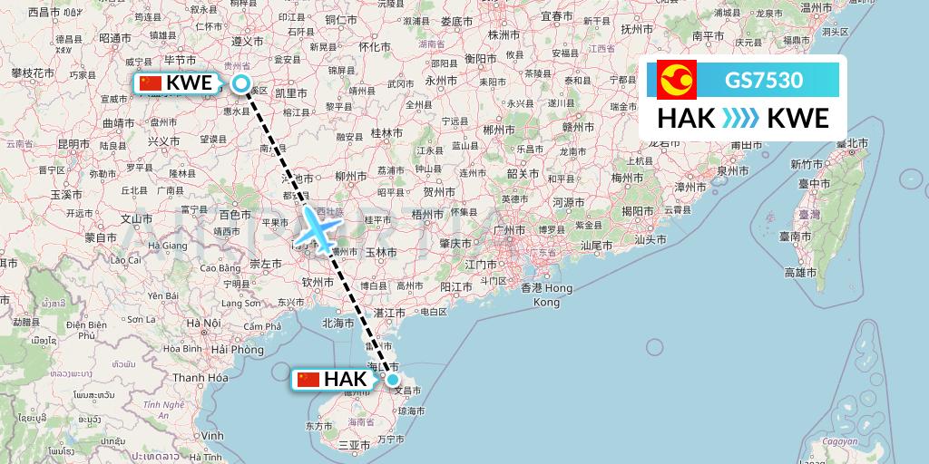GS7530 Tianjin Airlines Flight Map: Haikou to Guiyang