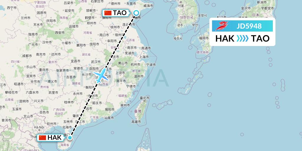 JD5948 Capital Airlines Flight Map: Haikou to Qingdao