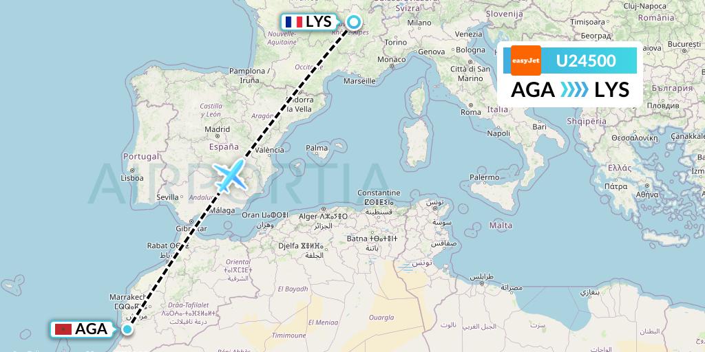 U24500 EasyJet Flight Map: Agadir to Lyon