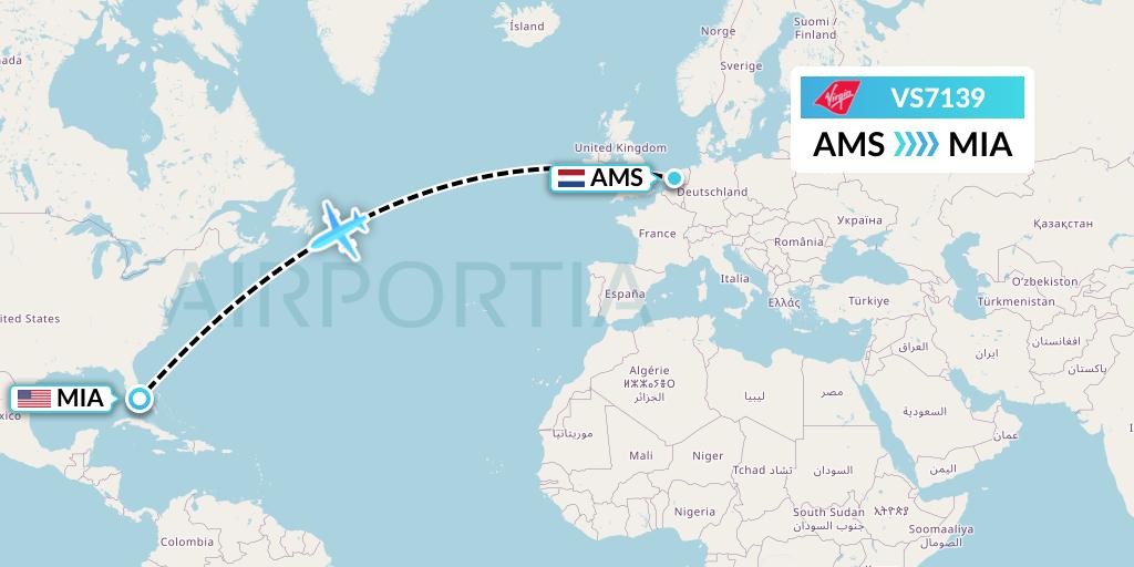 VS7139 Virgin Atlantic Airways Flight Map: Amsterdam to Miami