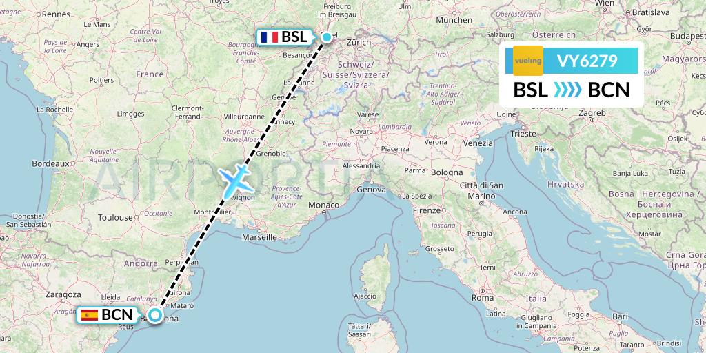 VY6279 Vueling Flight Map: Basel to Barcelona