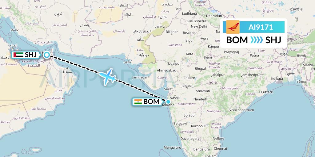 AI9171 Air India Flight Map: Mumbai to Sharjah