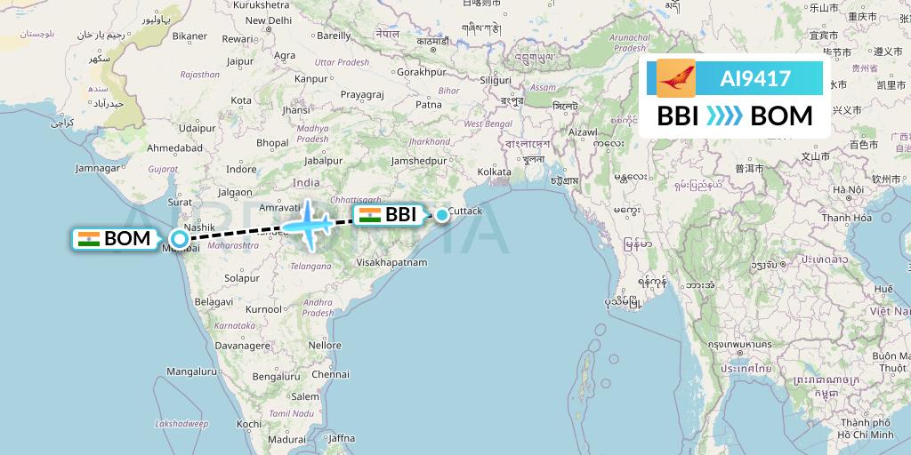 AI9417 Air India Flight Map: Bhubaneswar to Mumbai