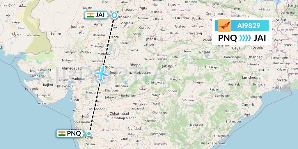 AI9829 Air India Flight Map: Pune to Jaipur