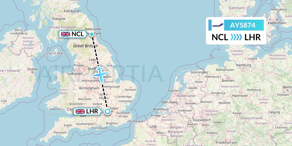 AY5874 Finnair Flight Map: Newcastle to London