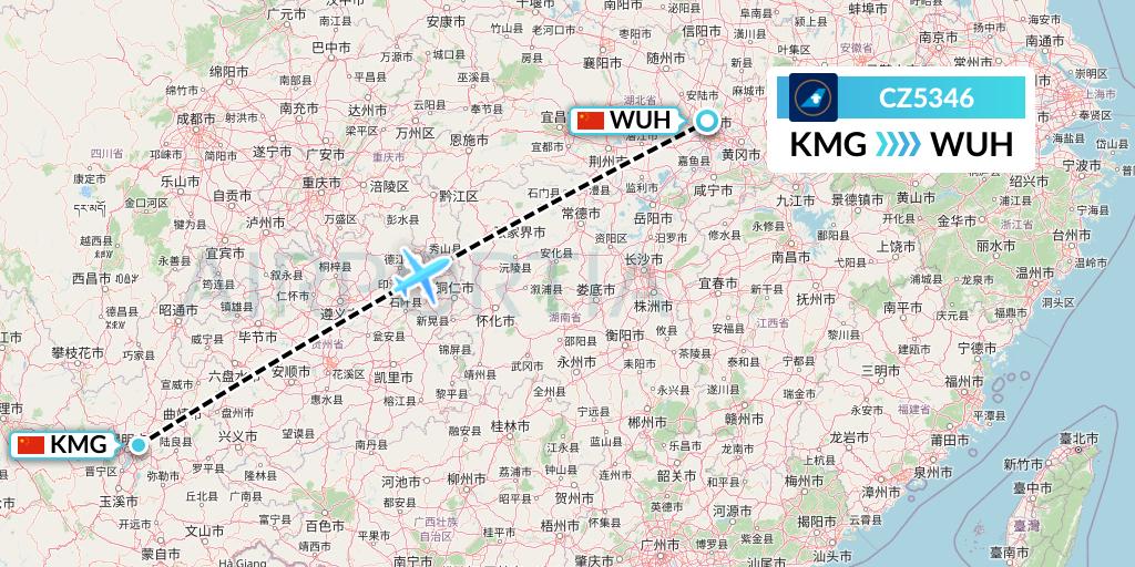 CZ5346 China Southern Airlines Flight Map: Kunming to Wuhan