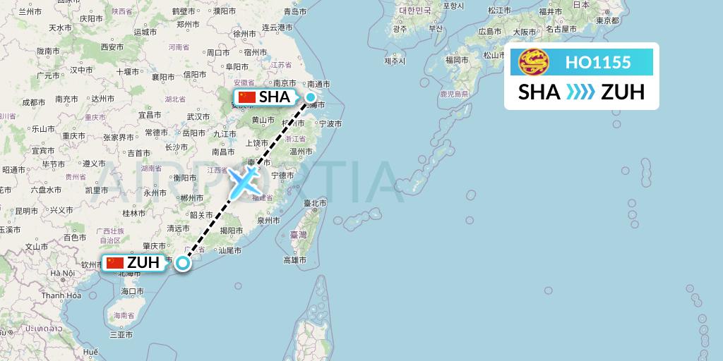 HO1155 Juneyao Airlines Flight Map: Shanghai to Zhuhai