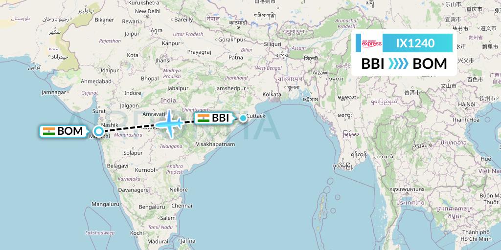 IX1240 Air India Express Flight Map: Bhubaneswar to Mumbai