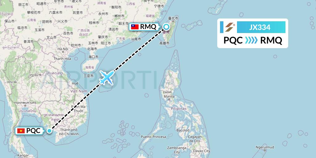 JX334 Starlux Airlines Flight Map: Phu Quoc to Taichung