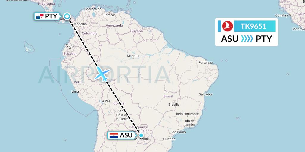TK9651 Turkish Airlines Flight Map: Asuncion to Panama City