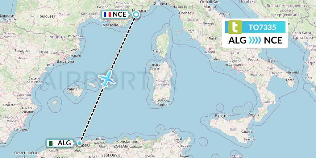TO7335 Transavia France Flight Map: Algiers to Nice