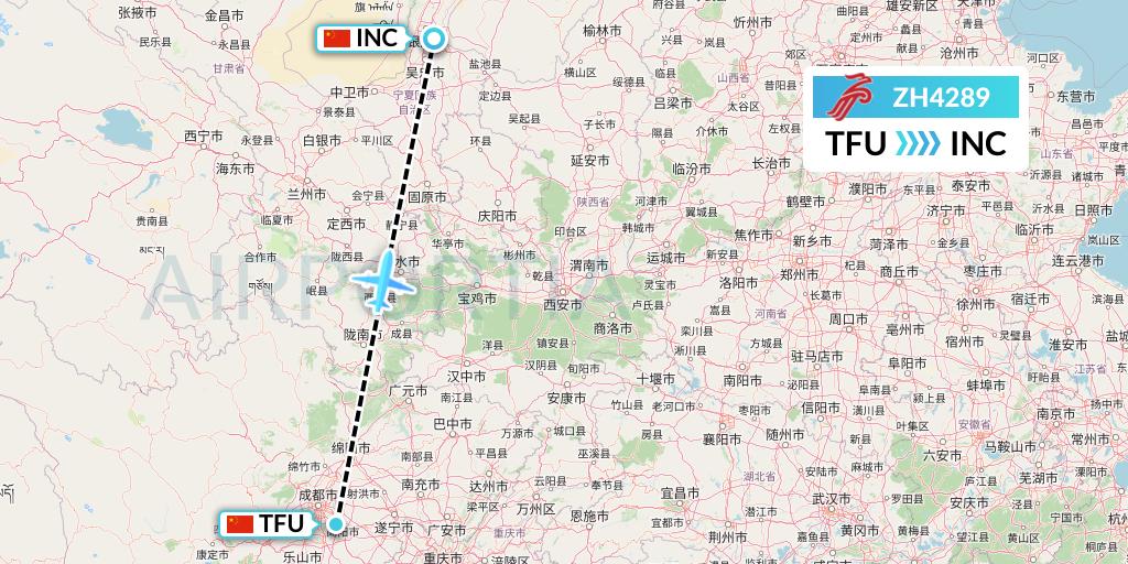 ZH4289 Shenzhen Airlines Flight Map: Chengdu to Yinchuan