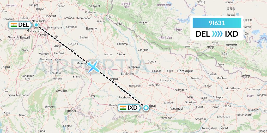 9I631 Air India Regional Flight Map: Delhi to Allahabad