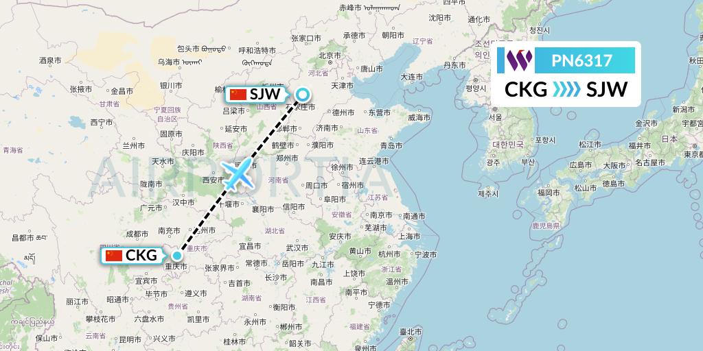 PN6317 China West Air Flight Map: Chongqing to Shijiazhuang