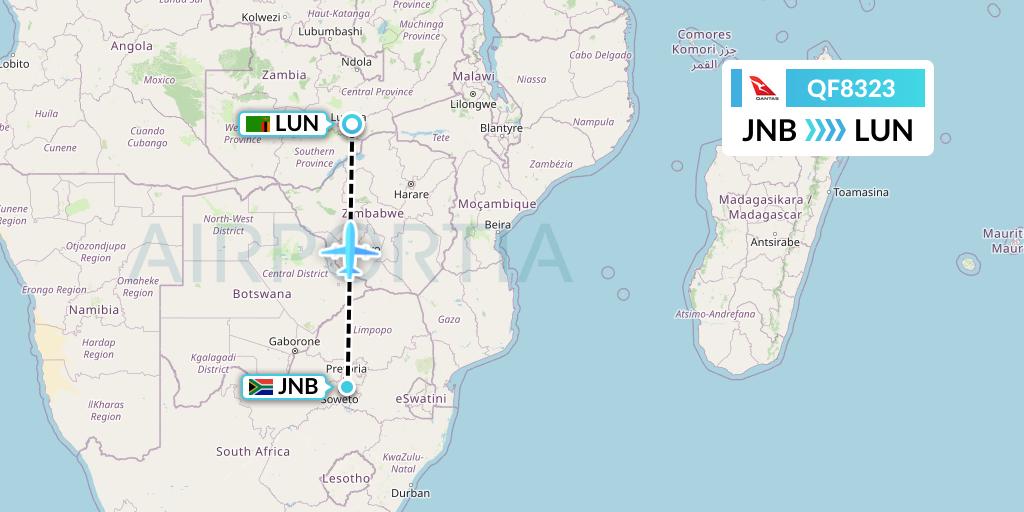 QF8323 Qantas Flight Map: Johannesburg to Lusaka