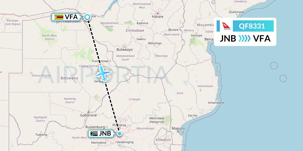 QF8331 Qantas Flight Map: Johannesburg to Victoria Falls
