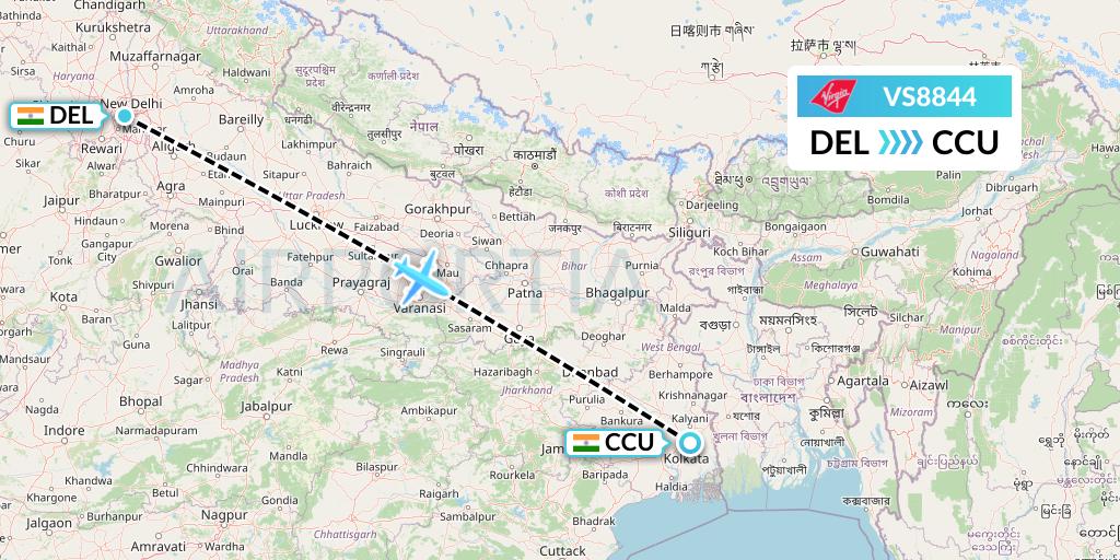 VS8844 Virgin Atlantic Airways Flight Map: Delhi to Kolkata