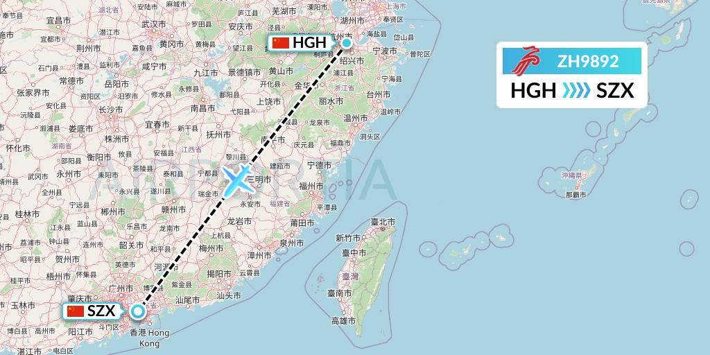 ZH9892 Shenzhen Airlines Flight Map: Hangzhou to Shenzhen