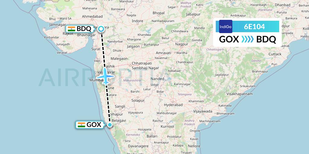 6E104 IndiGo Airlines Flight Map: Goa to Vadodara