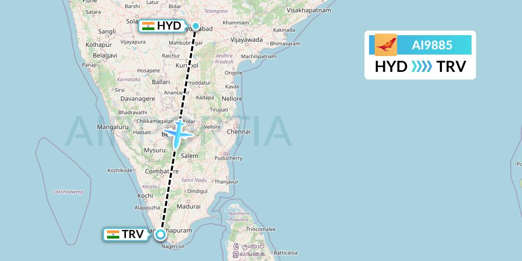 AI9885 Air India Flight Map: Hyderabad to Thiruvananthapuram
