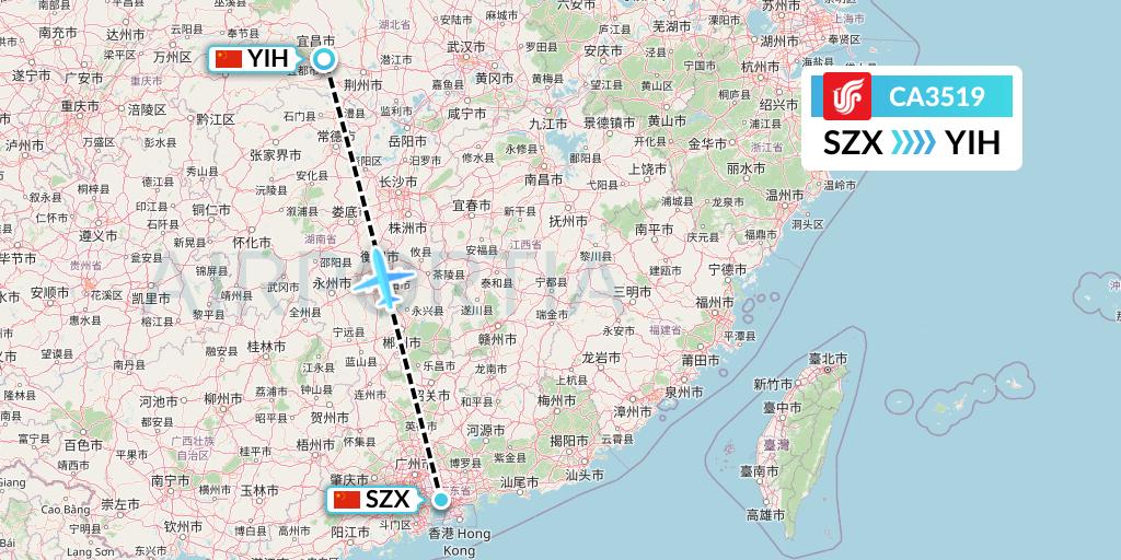CA3519 Air China Flight Map: Shenzhen to Yichang