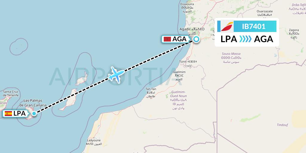 IB7401 Iberia Flight Map: Las Palmas to Agadir