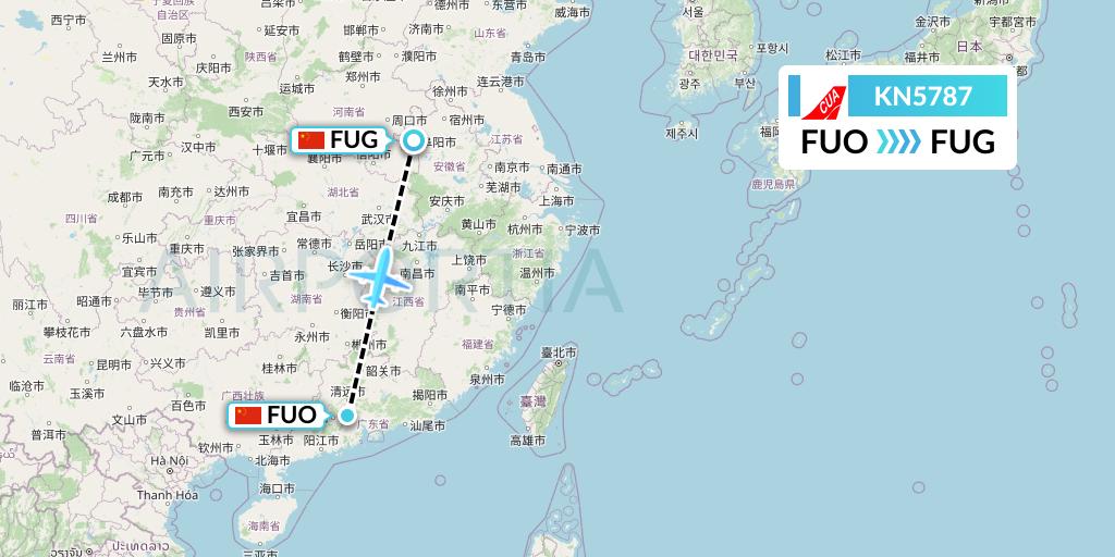 KN5787 China United Airlines Flight Map: Foshan to Fuyang