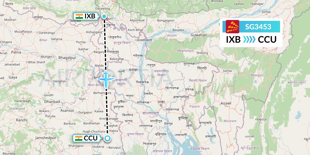 SG3453 SpiceJet Flight Map: Siliguri to Kolkata