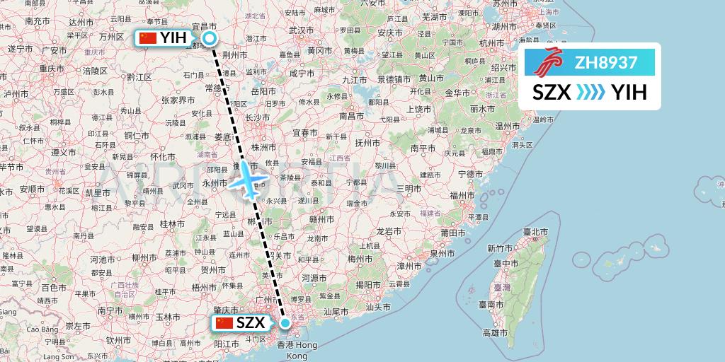 ZH8937 Shenzhen Airlines Flight Map: Shenzhen to Yichang