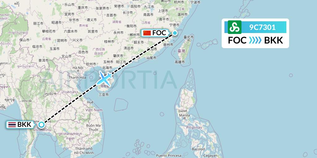 9C7301 Spring Airlines Flight Map: Fuzhou to Bangkok